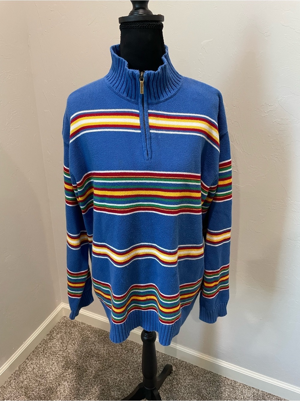 Ralph Lauren Vintage Blue Zip-Neck Sweater with Multicolor Stripes